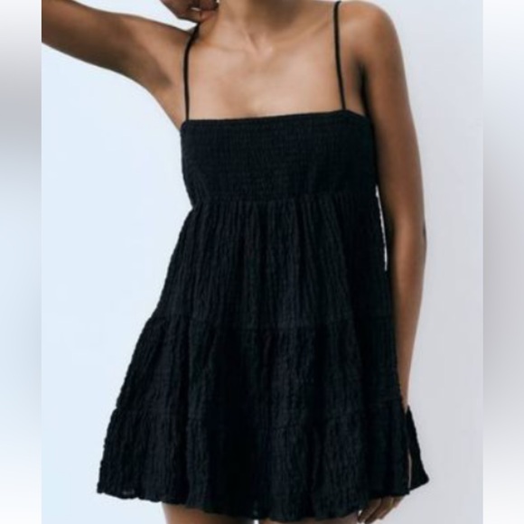 NWT Zara Black Textured Smocked Mini dress | S - Picture 1 of 9